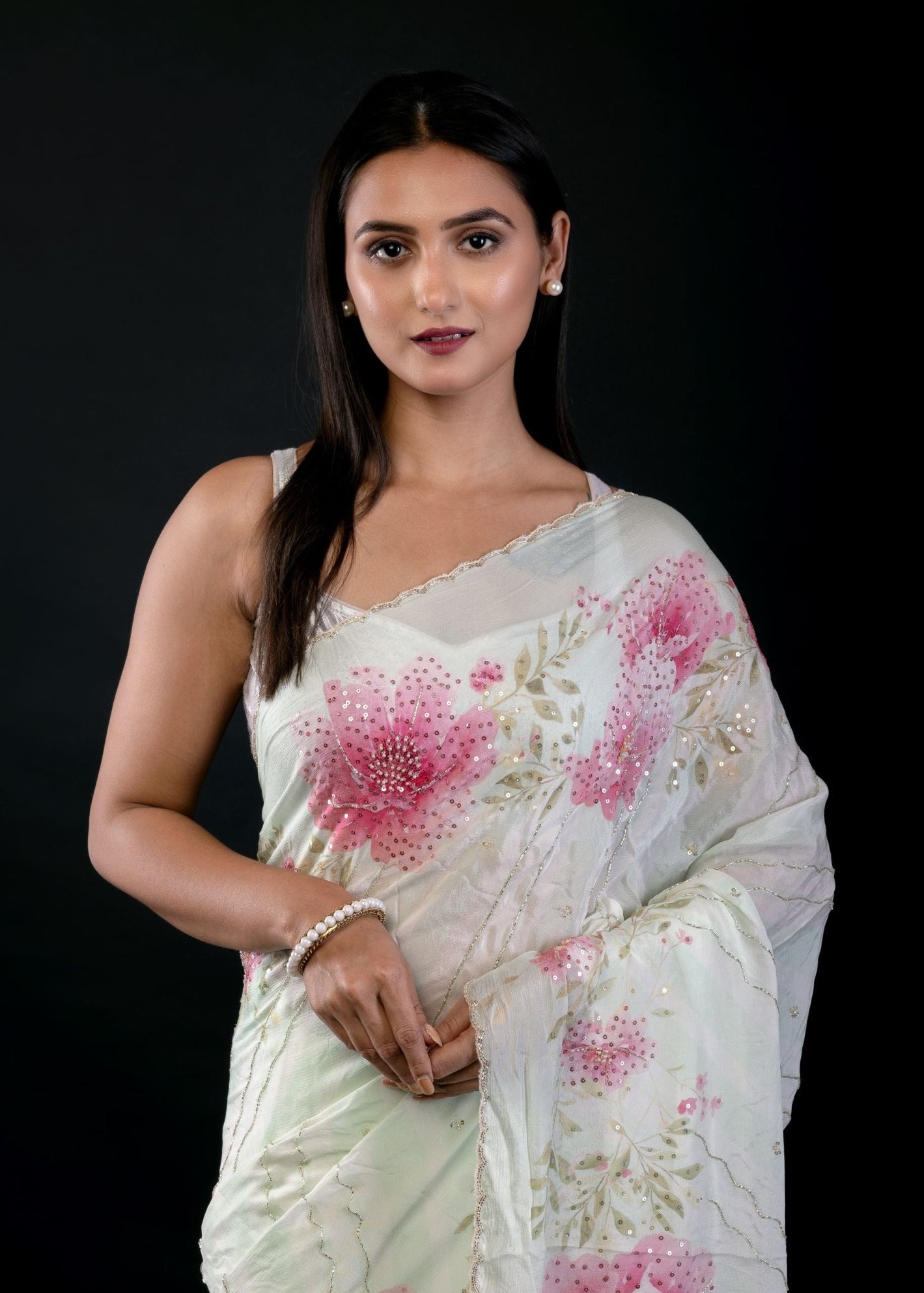 Light Green Georgette Saree With Floral Print and Embroidered Work - Anvi Couture