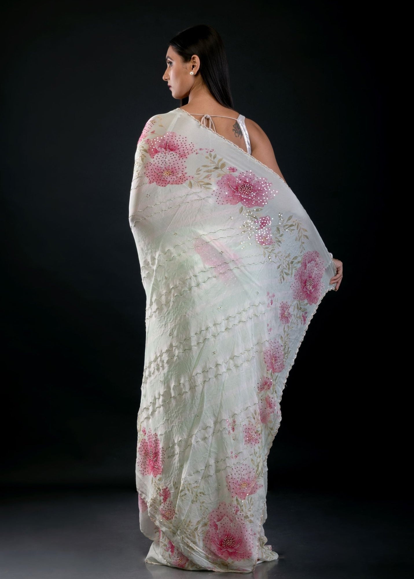 Light Green Georgette Saree With Floral Print and Embroidered Work - Anvi Couture