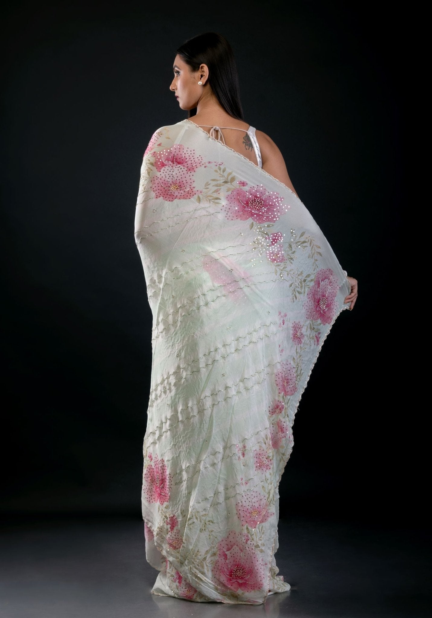Light Green Georgette Saree With Floral Print and Embroidered Work - Anvi Couture