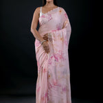 Light Pink Georgette Saree With Floral Print and Embroidered Work - image 1