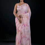 Light Pink Georgette Saree With Floral Print and Embroidered Work - image 1