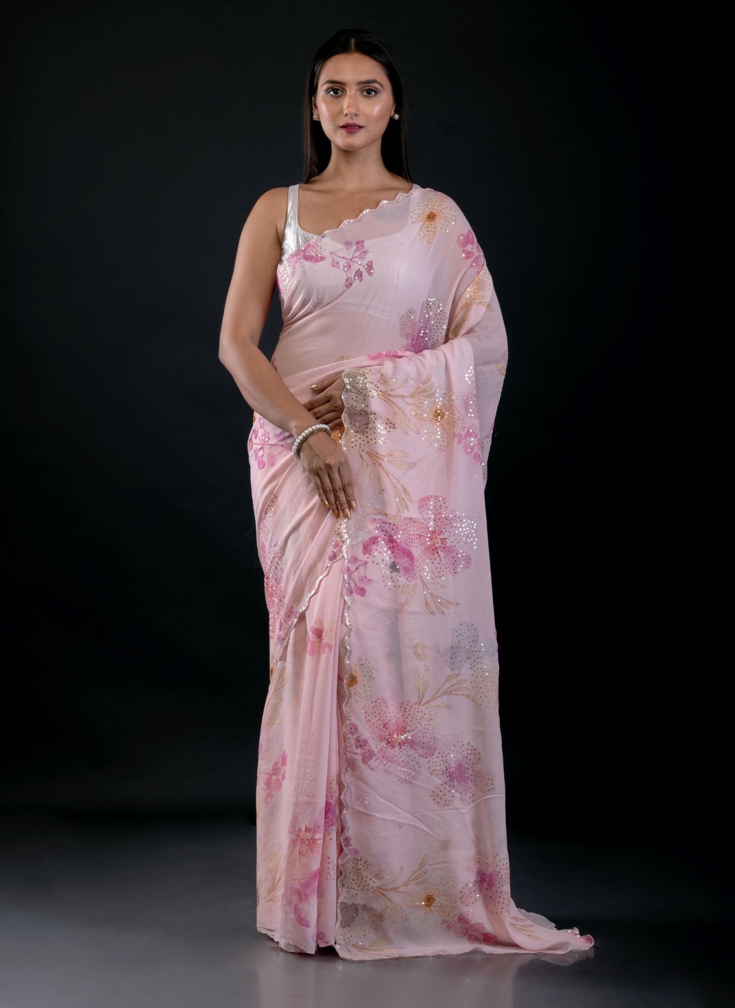 Light Pink Georgette Saree With Floral Print and Embroidered Work - Anvi Couture