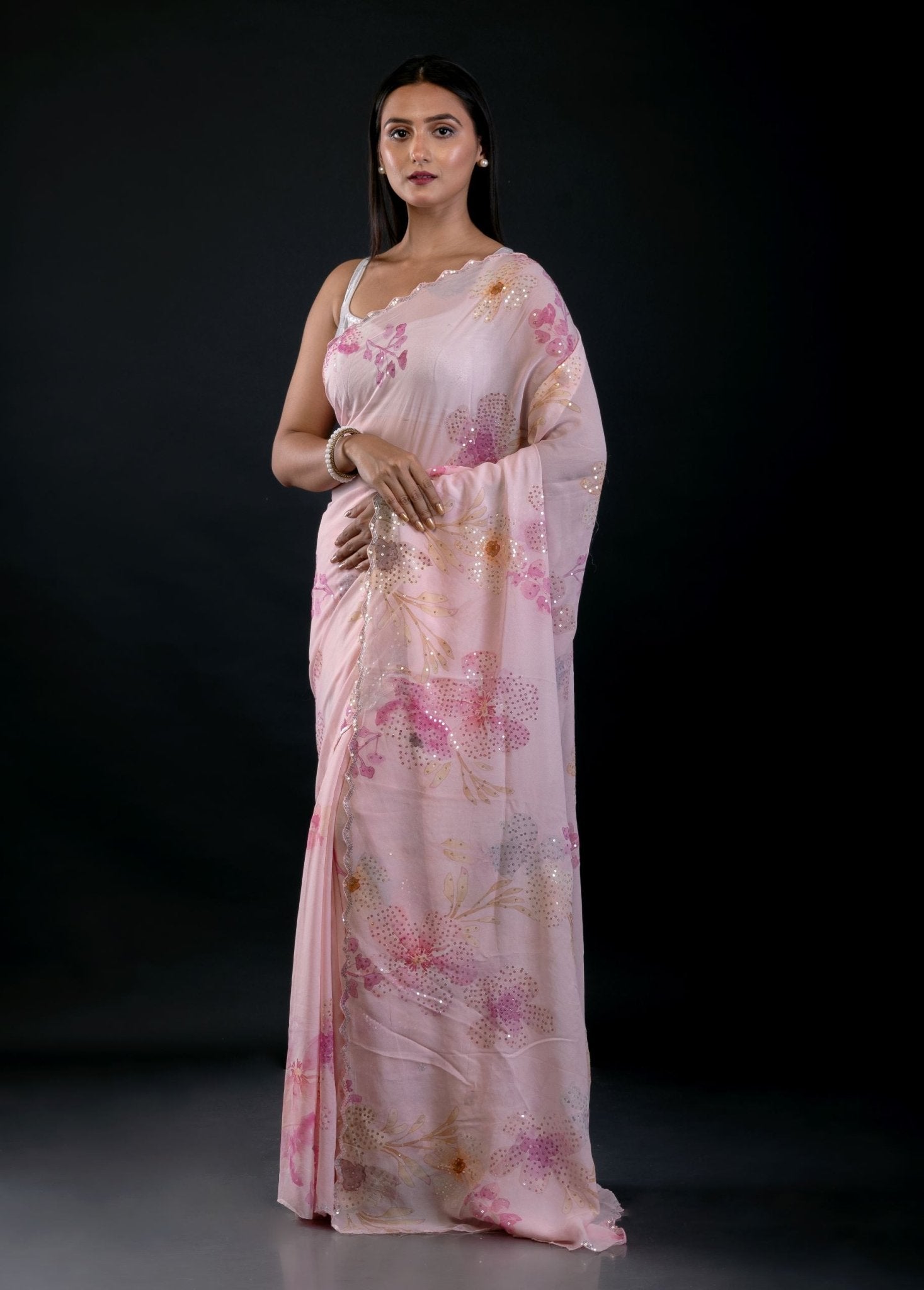 Light Pink Georgette Saree With Floral Print and Embroidered Work - Anvi Couture