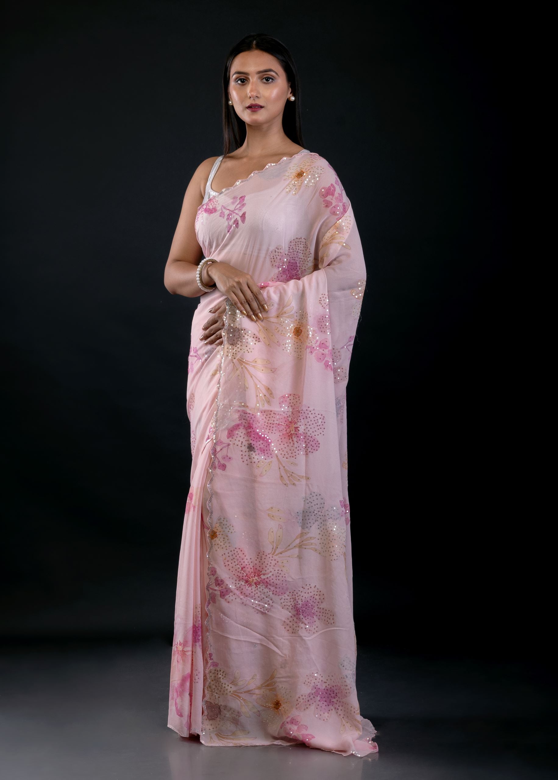 Light Pink Georgette Saree With Floral Print and Embroidered Work - image 2