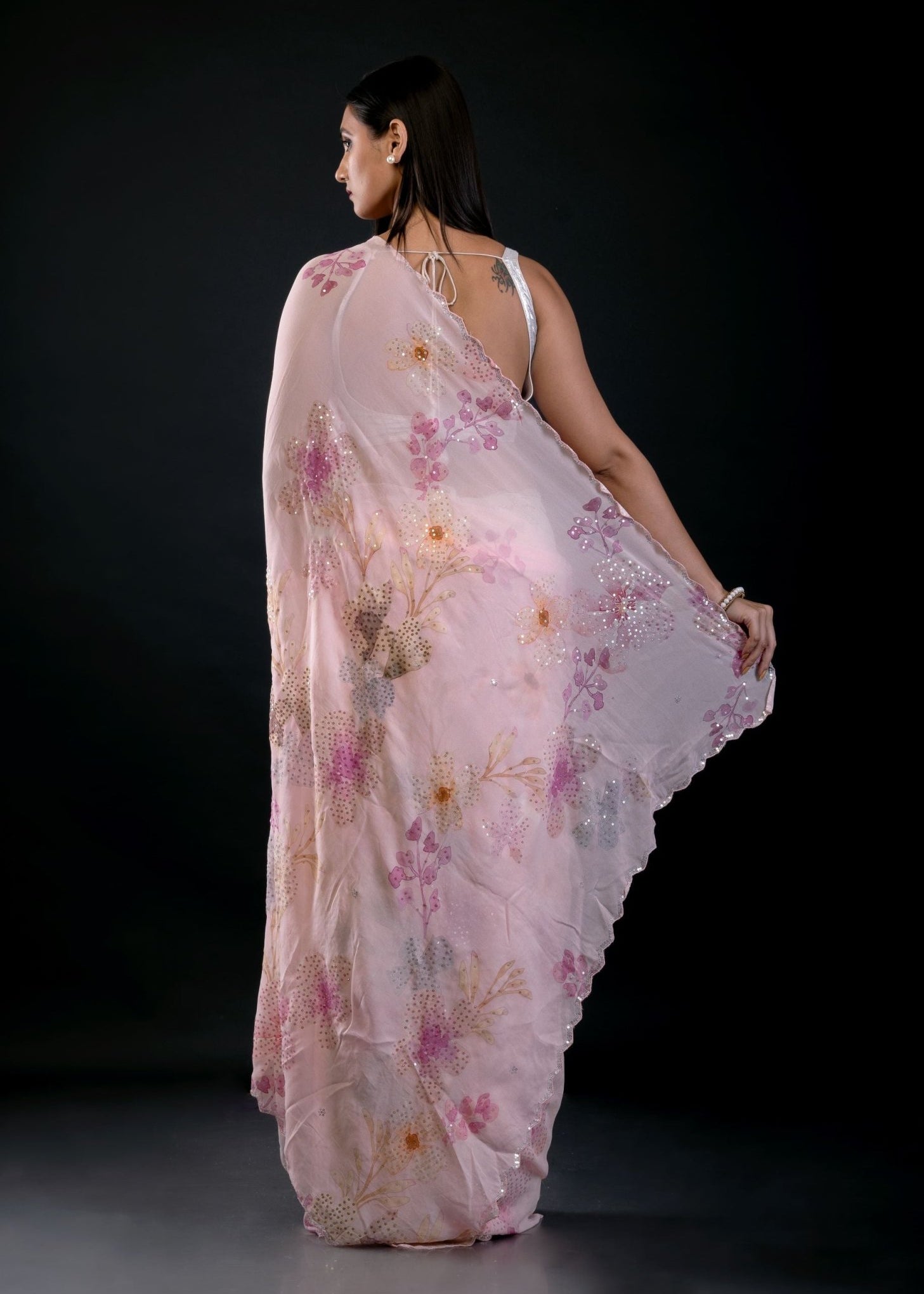 Light Pink Georgette Saree With Floral Print and Embroidered Work - Anvi Couture