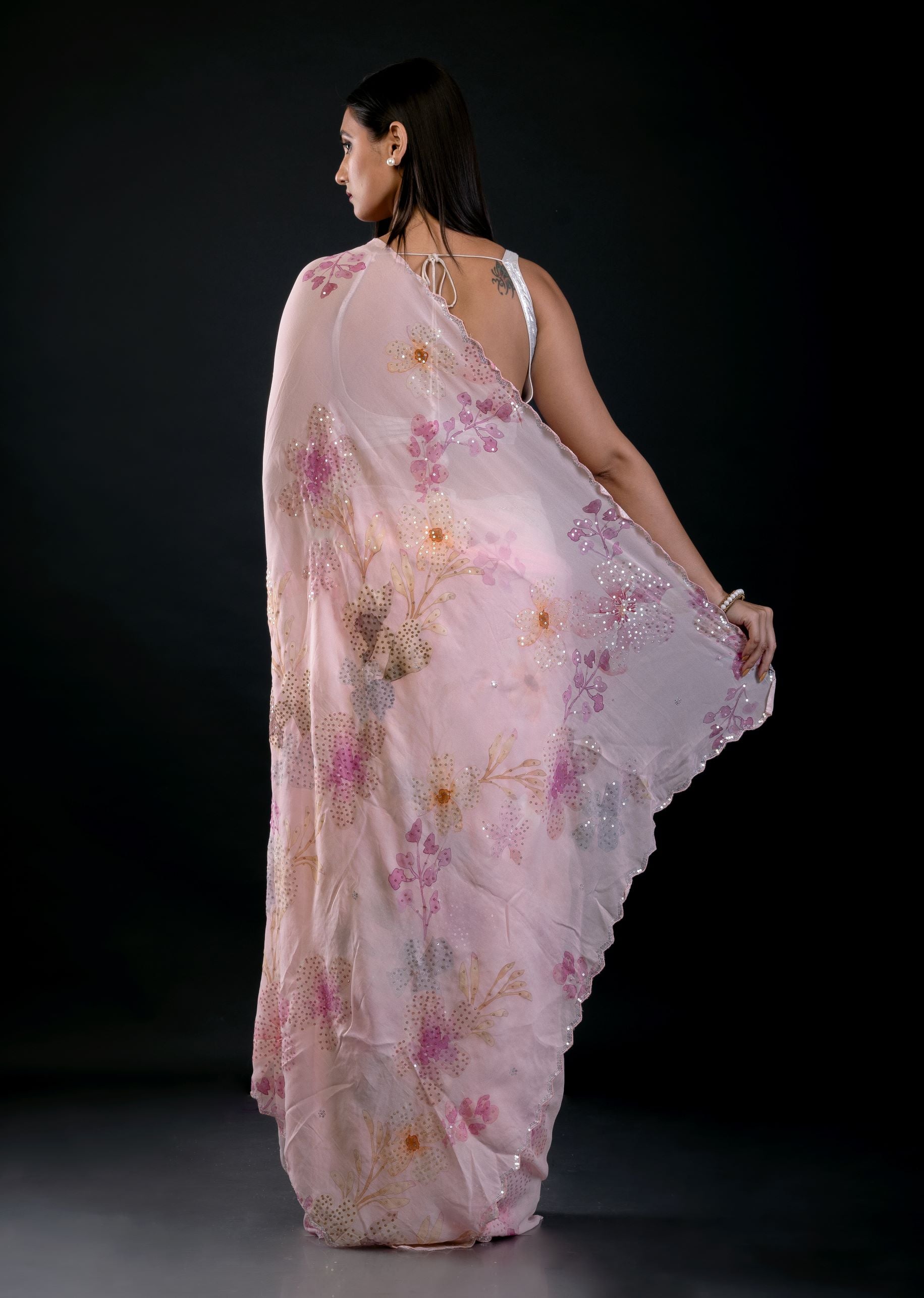 Light Pink Georgette Saree With Floral Print and Embroidered Work - image 4