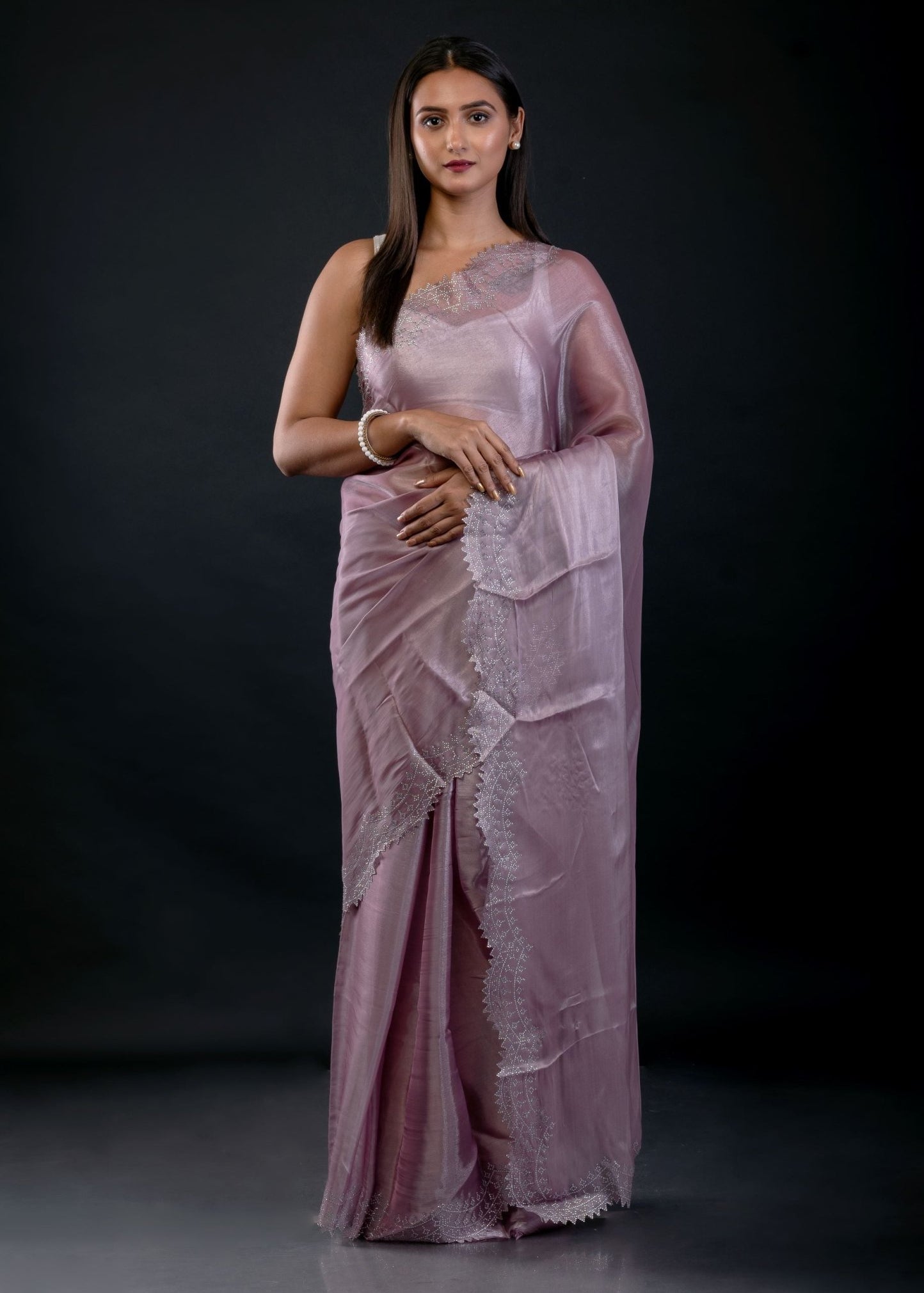 Lavender Jimmy Choo Saree with Embroidered Scallop Border - Anvi Couture