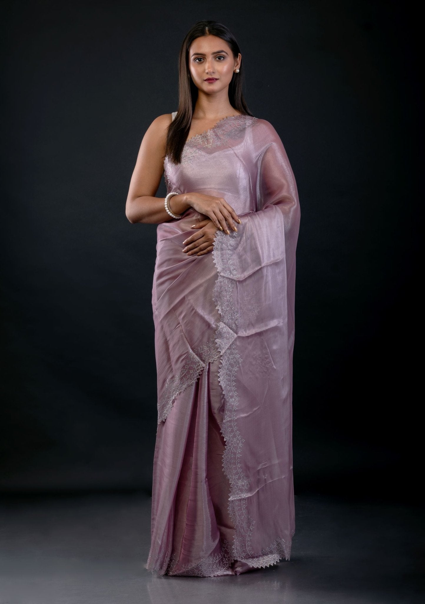 Lavender Jimmy Choo Saree with Embroidered Scallop Border - Anvi Couture