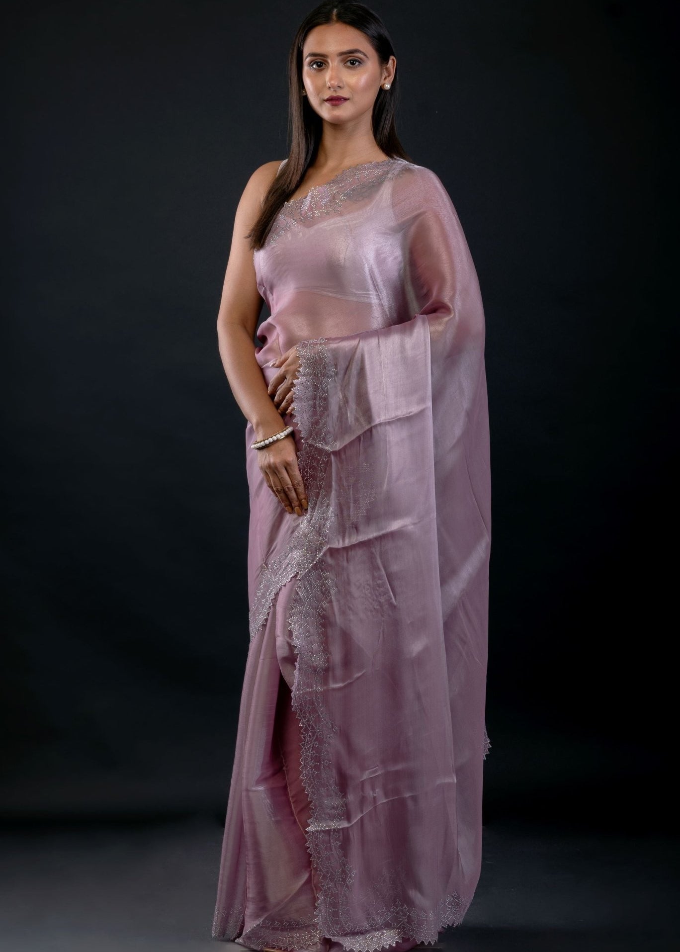 Lavender Jimmy Choo Saree with Embroidered Scallop Border - Anvi Couture