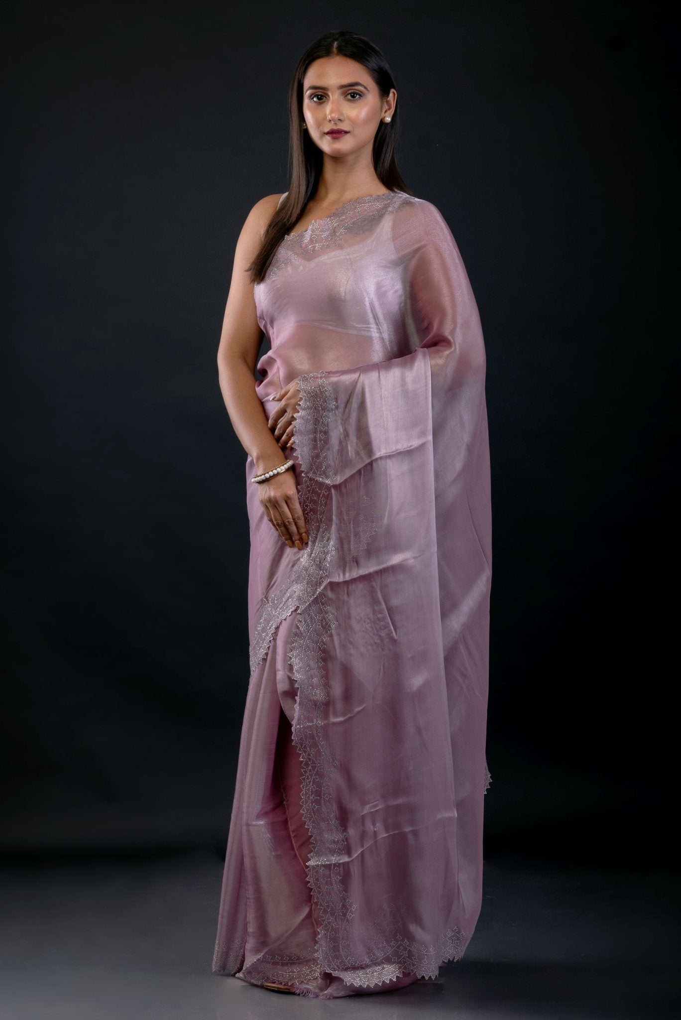 Lavender Jimmy Choo Saree with Embroidered Scallop Border - Anvi Couture