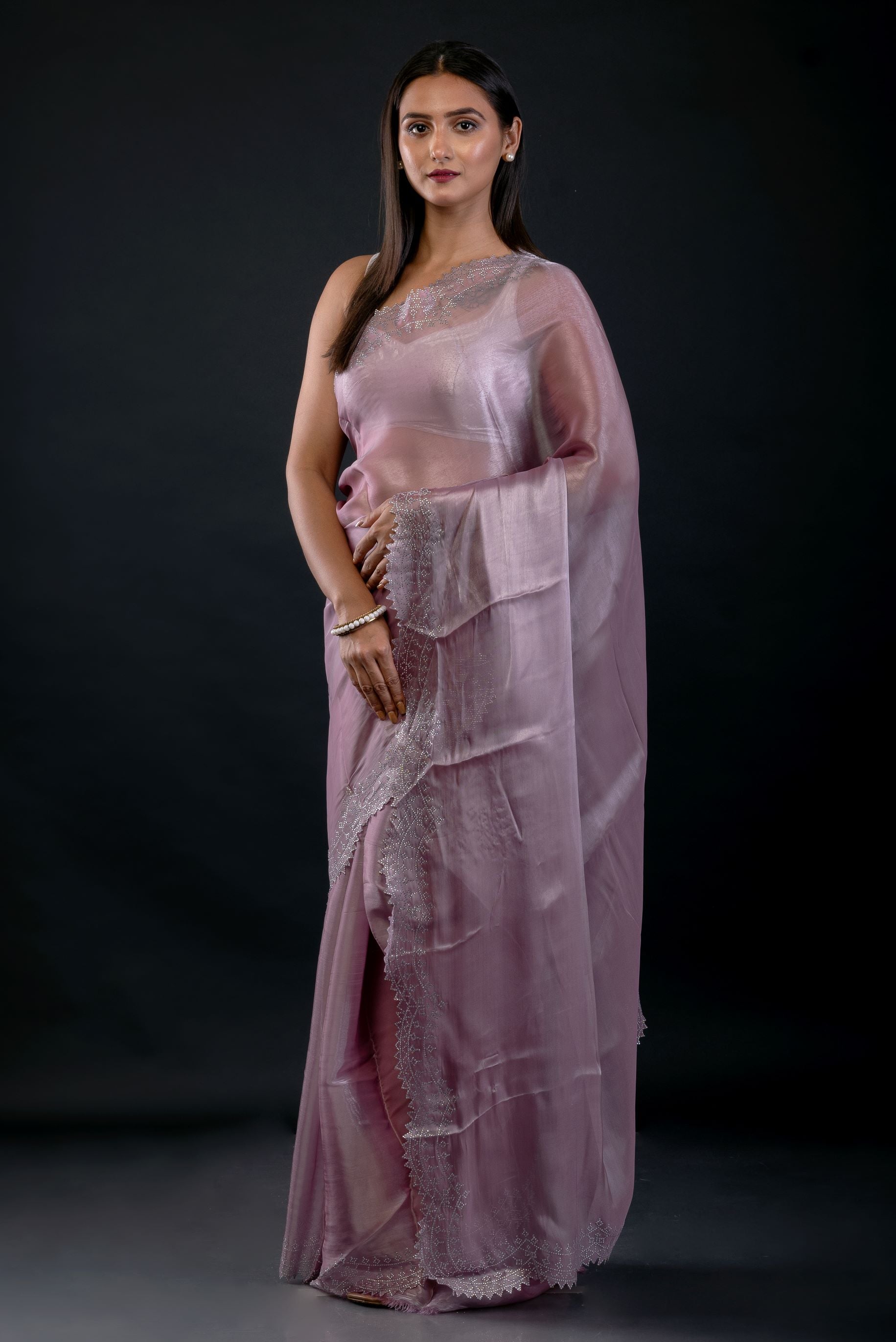 Lavender Jimmy Choo Saree with Embroidered Scallop Border - image 2