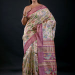Ivory Floral Printed Silk Saree with Pink Border - image 1