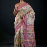 Ivory Floral Printed Silk Saree with Pink Border - image 1