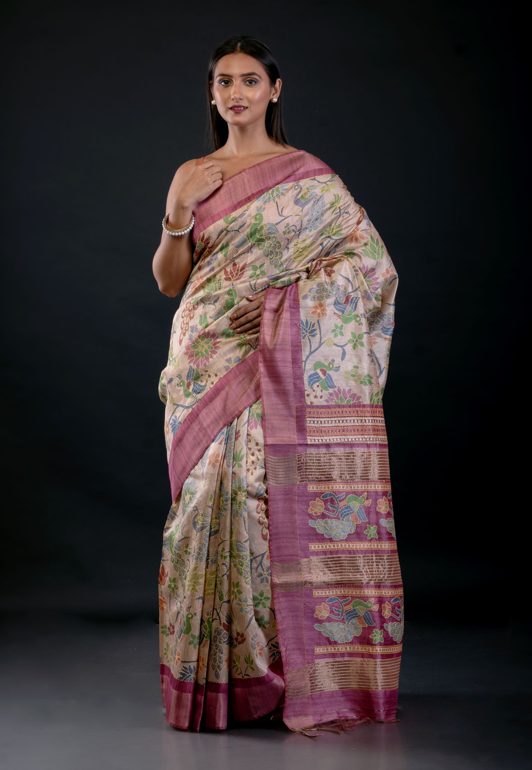Ivory Floral Printed Silk Saree with Pink Border - image 1