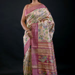 Ivory Floral Printed Silk Saree with Pink Border - image 2