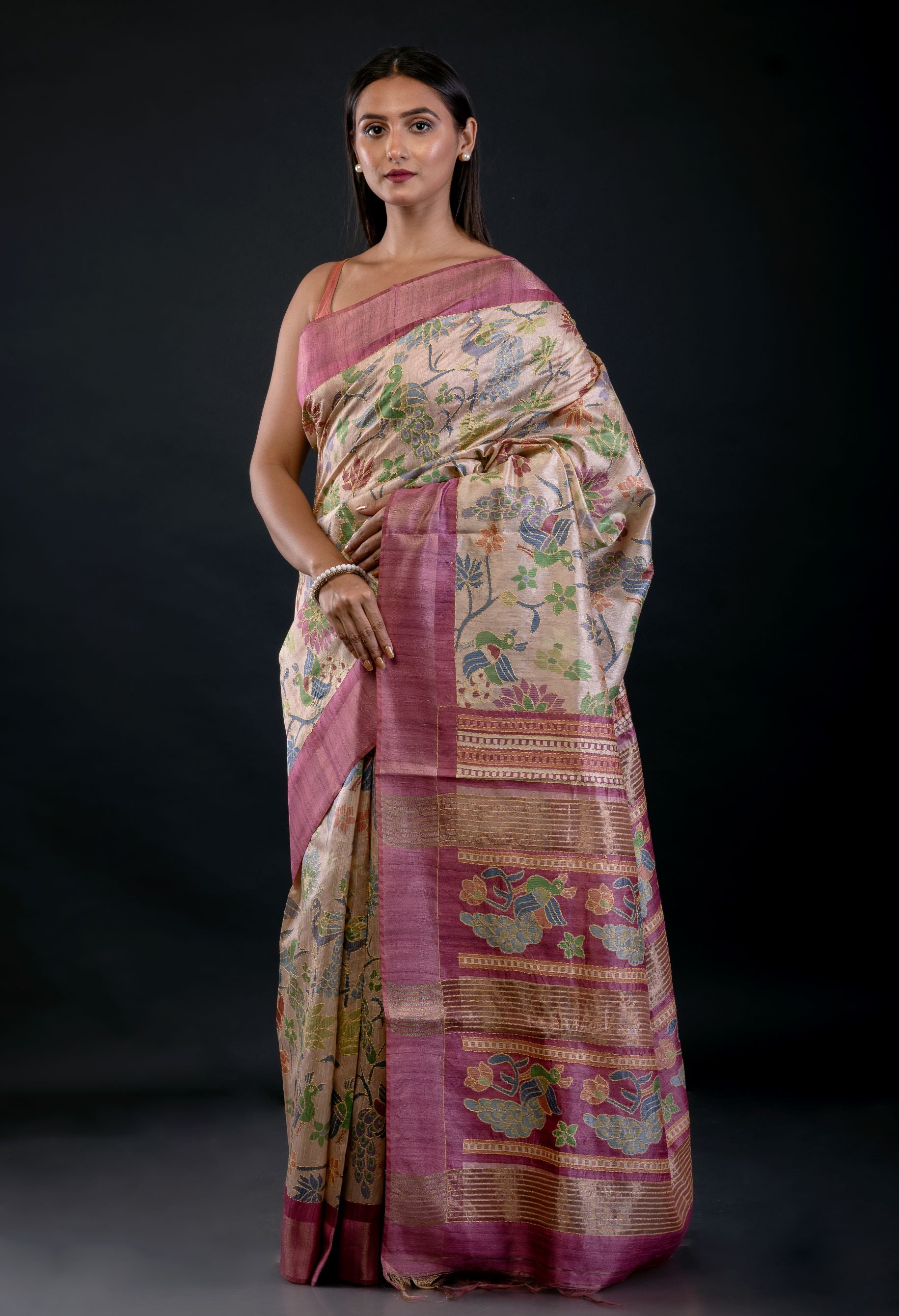 Ivory Floral Printed Silk Saree with Pink Border - image 2