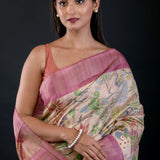 Ivory Floral Printed Silk Saree with Pink Border - image 3