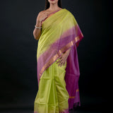Green and Purple Ombre Silk Linen Saree with Golden Border - image 1