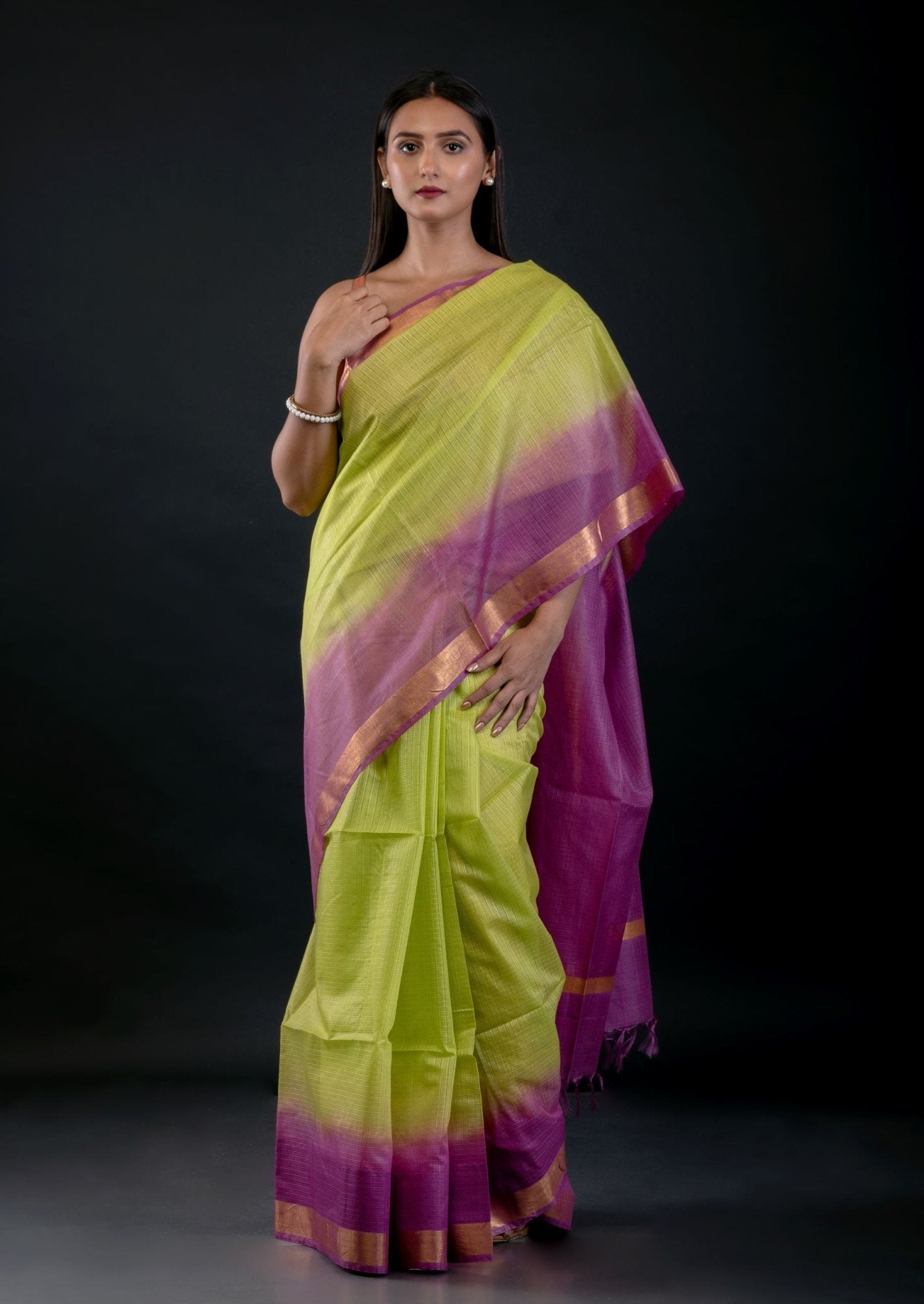 Green and Purple Ombre Silk Linen Saree with Golden Border - Anvi Couture
