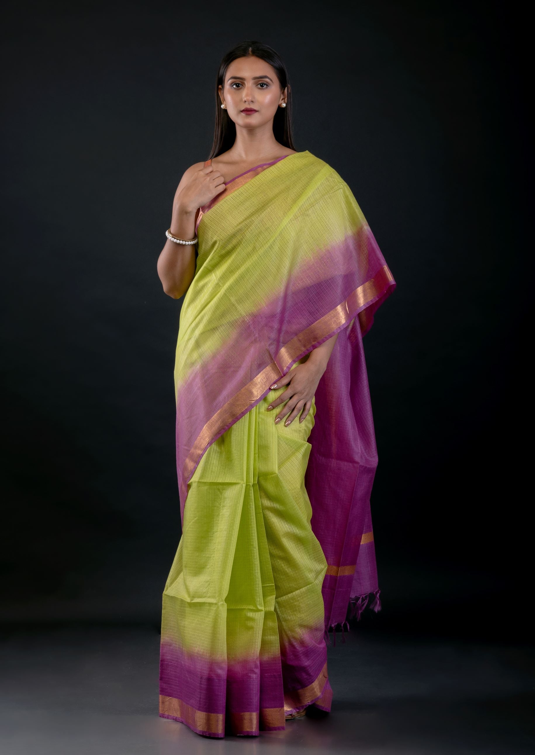 Green and Purple Ombre Silk Linen Saree with Golden Border - image 1
