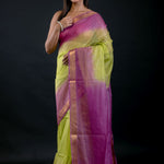 Green and Purple Ombre Silk Linen Saree with Golden Border - image 2