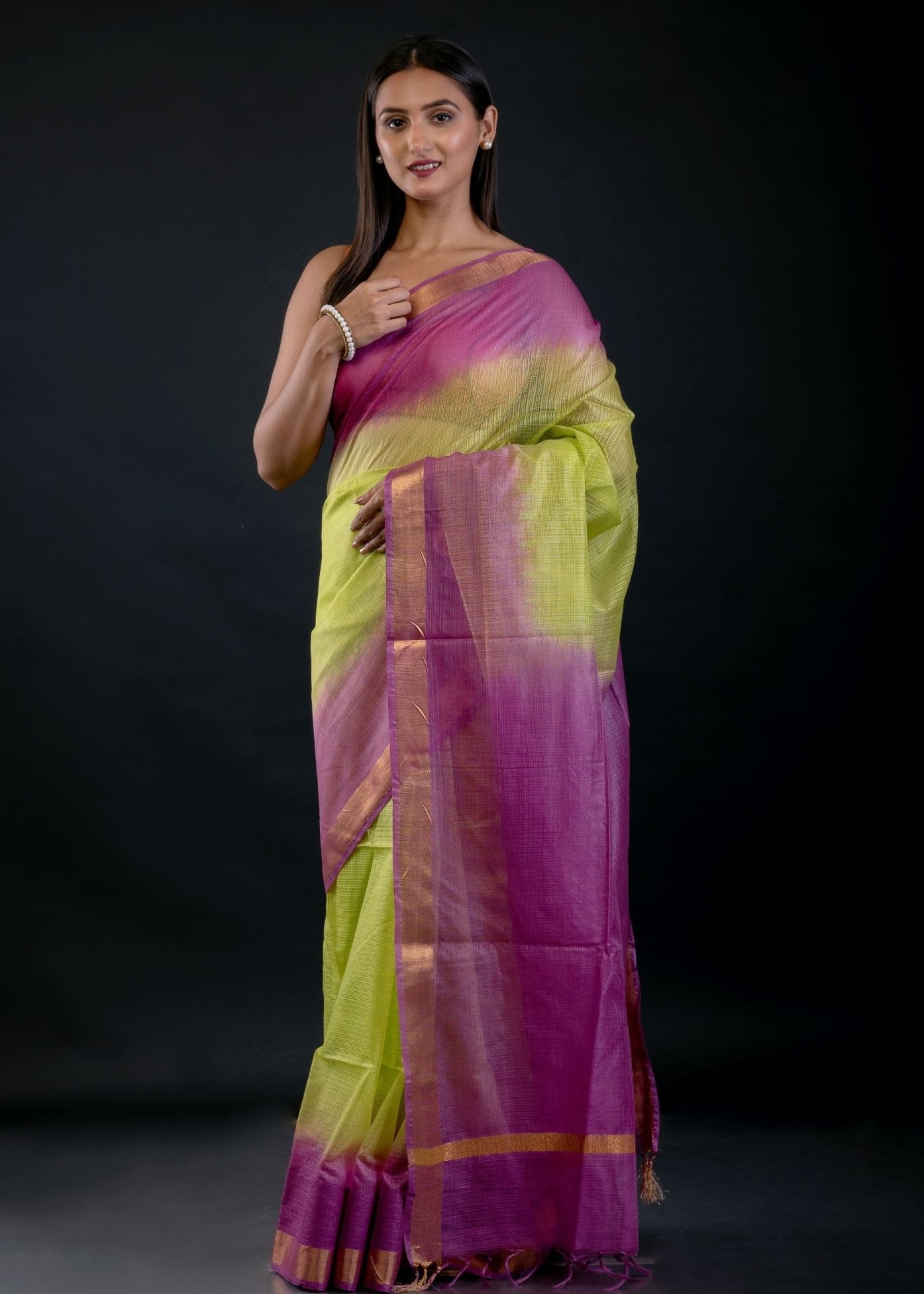 Green and Purple Ombre Silk Linen Saree with Golden Border - Anvi Couture