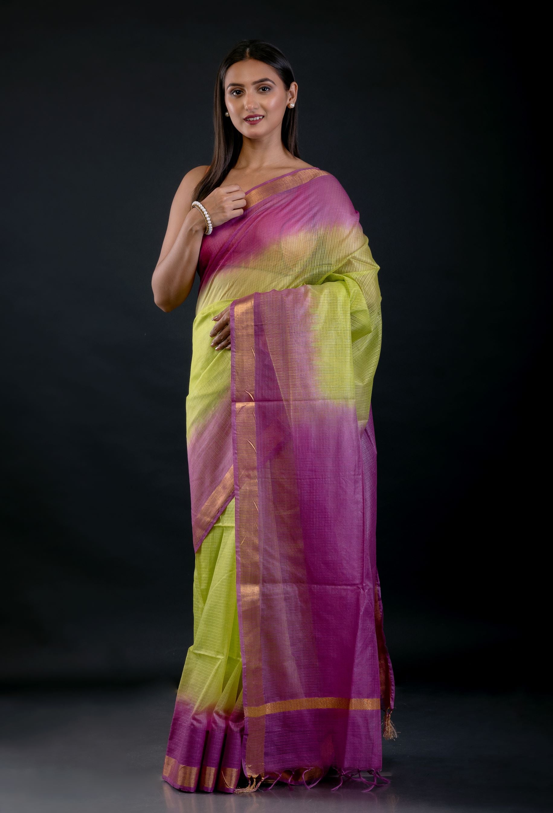 Green and Purple Ombre Silk Linen Saree with Golden Border - image 2
