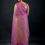 Green and Purple Ombre Silk Linen Saree with Golden Border - image 4
