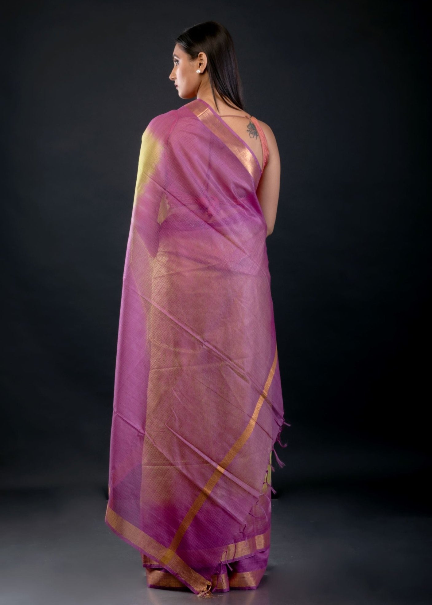 Green and Purple Ombre Silk Linen Saree with Golden Border - Anvi Couture
