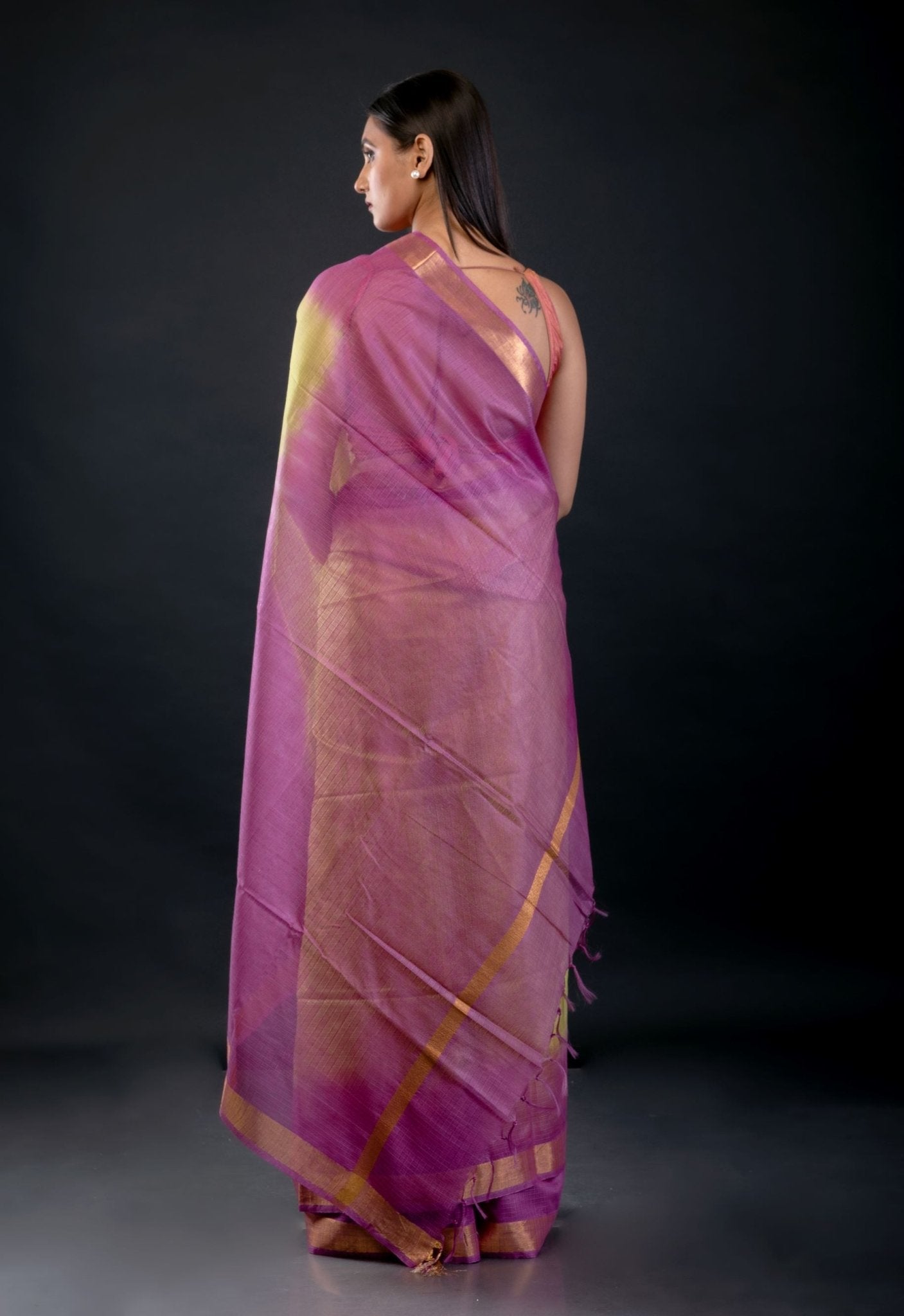 Green and Purple Ombre Silk Linen Saree with Golden Border - Anvi Couture