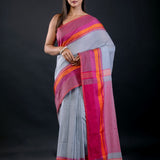 Pink and Blue Bengal Cotton Handloom Saree - image 1
