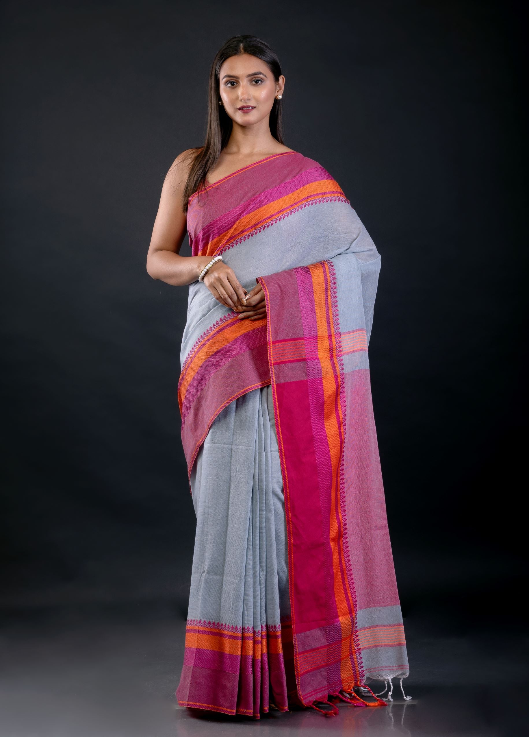Pink and Blue Bengal Cotton Handloom Saree - image 1