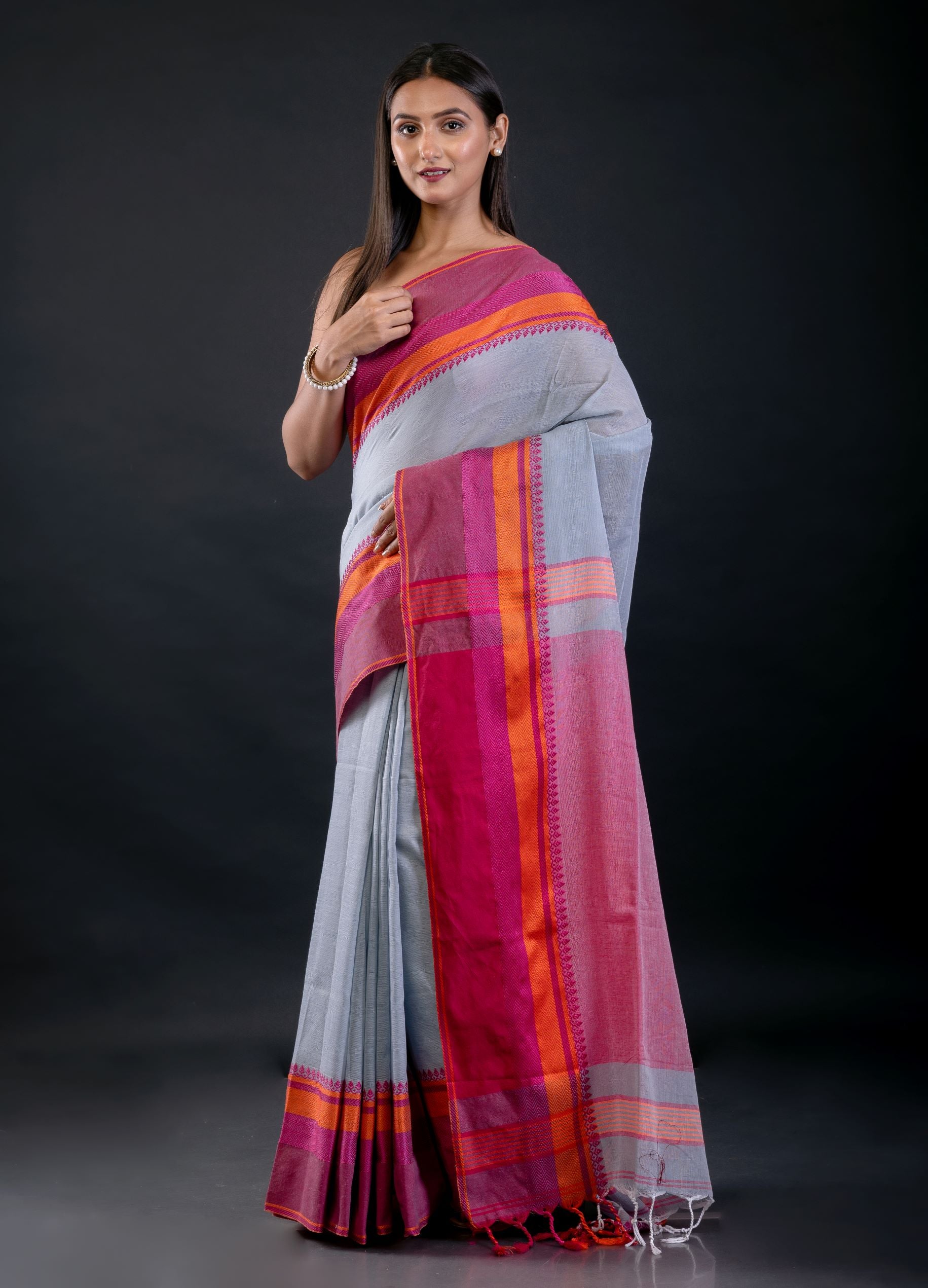 Pink and Blue Bengal Cotton Handloom Saree - image 2
