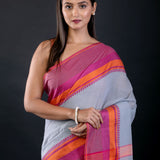 Pink and Blue Bengal Cotton Handloom Saree - image 3