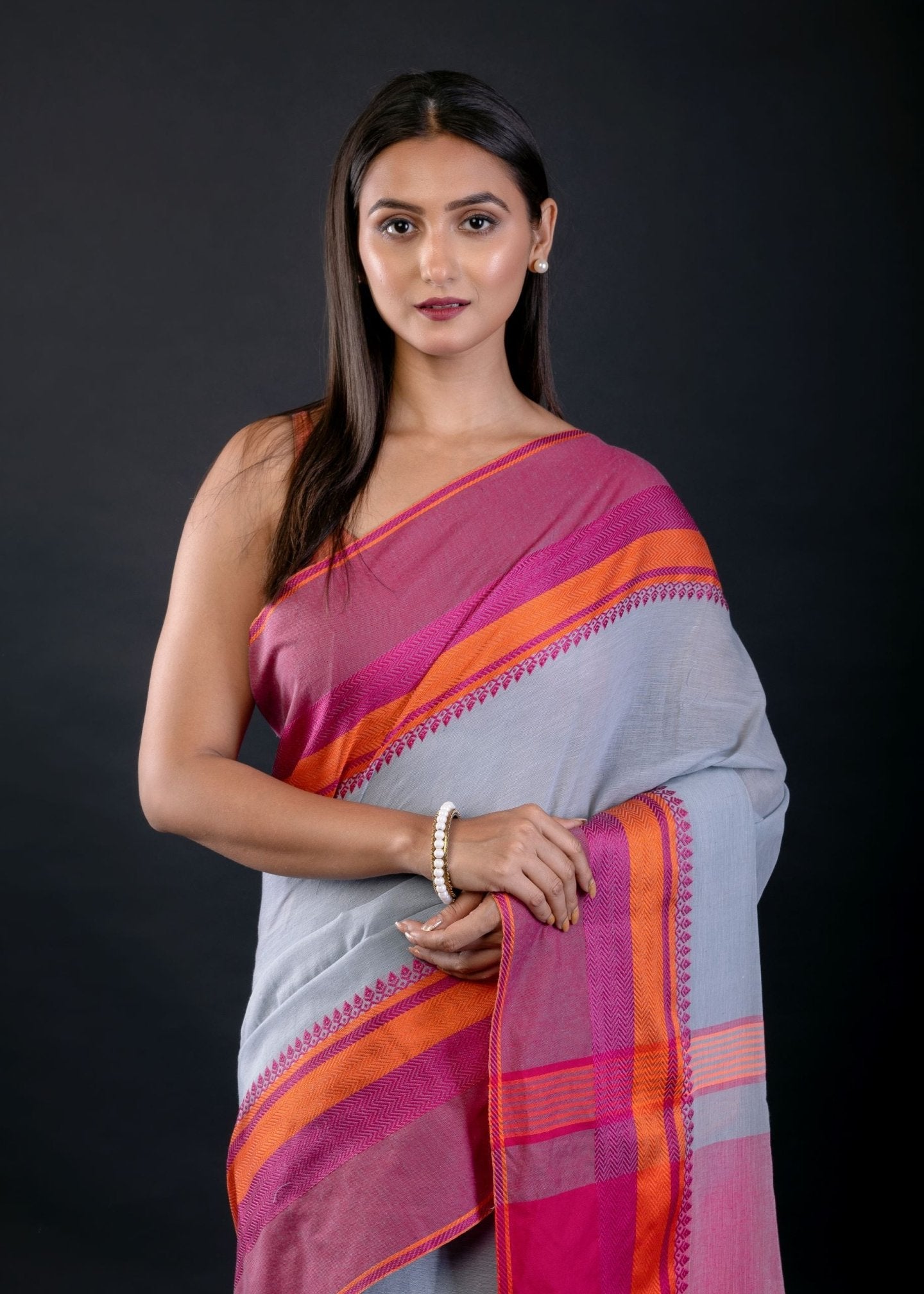 Pink and Blue Bengal Cotton Handloom Saree - Anvi Couture