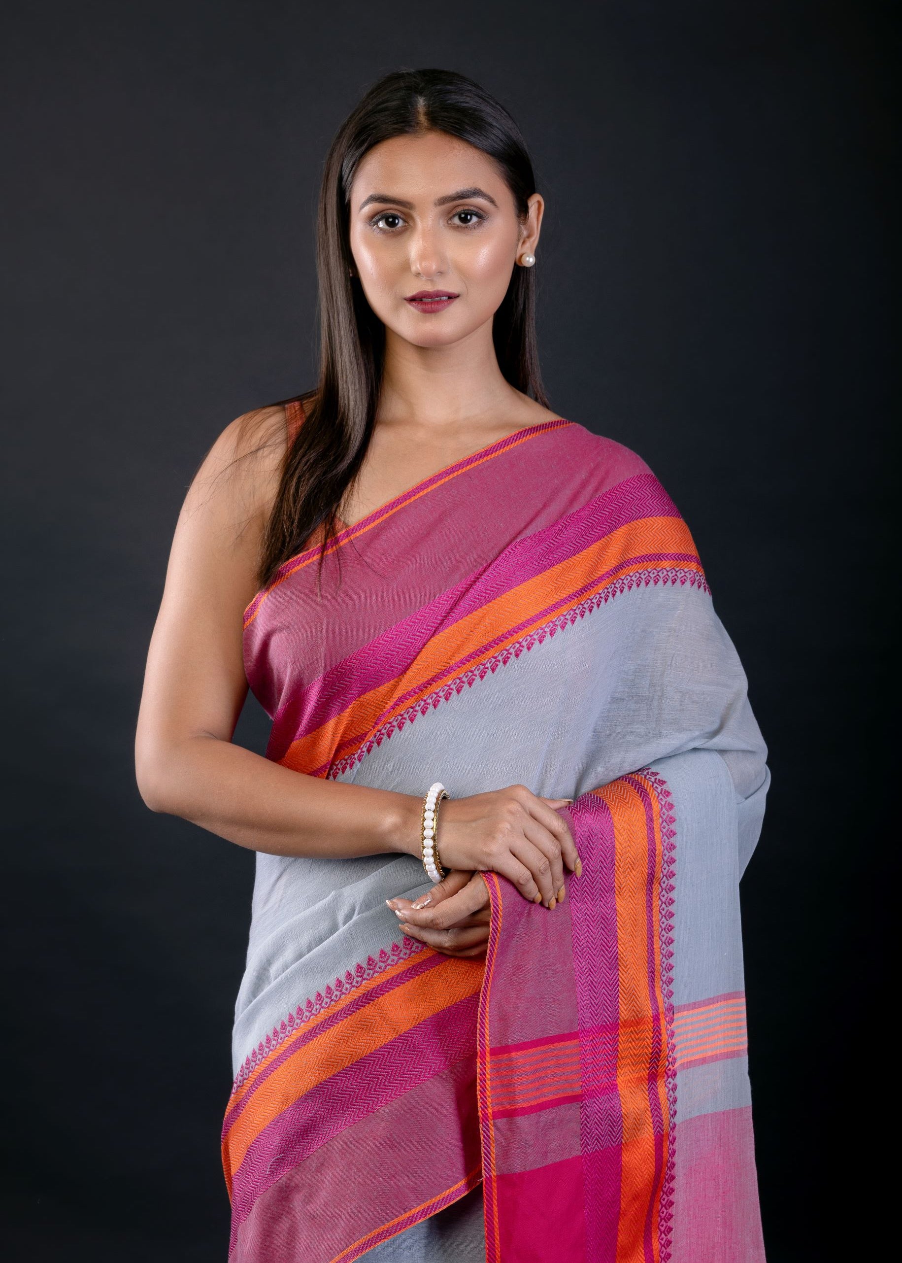 Pink and Blue Bengal Cotton Handloom Saree - image 3