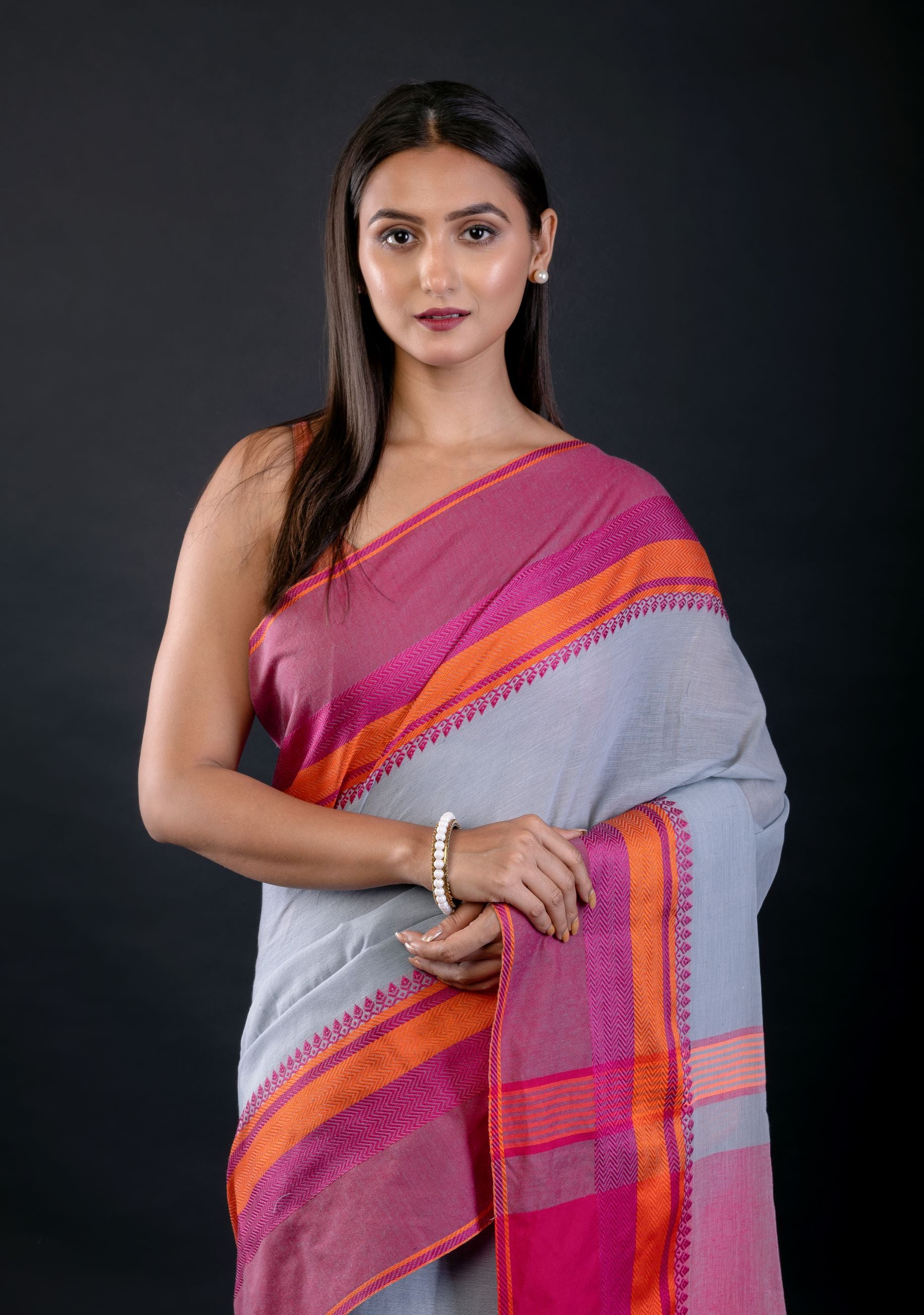 Pink and Blue Bengal Cotton Handloom Saree - image 3