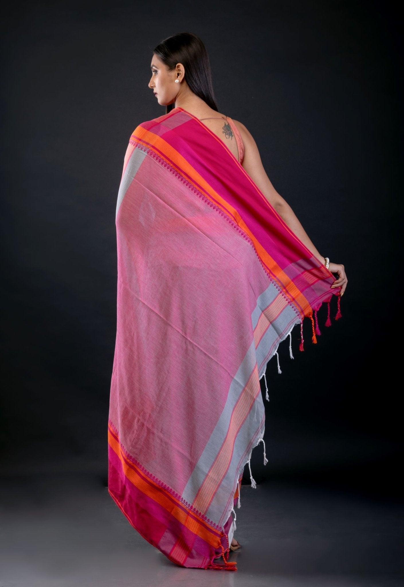 Pink and Blue Bengal Cotton Handloom Saree - Anvi Couture
