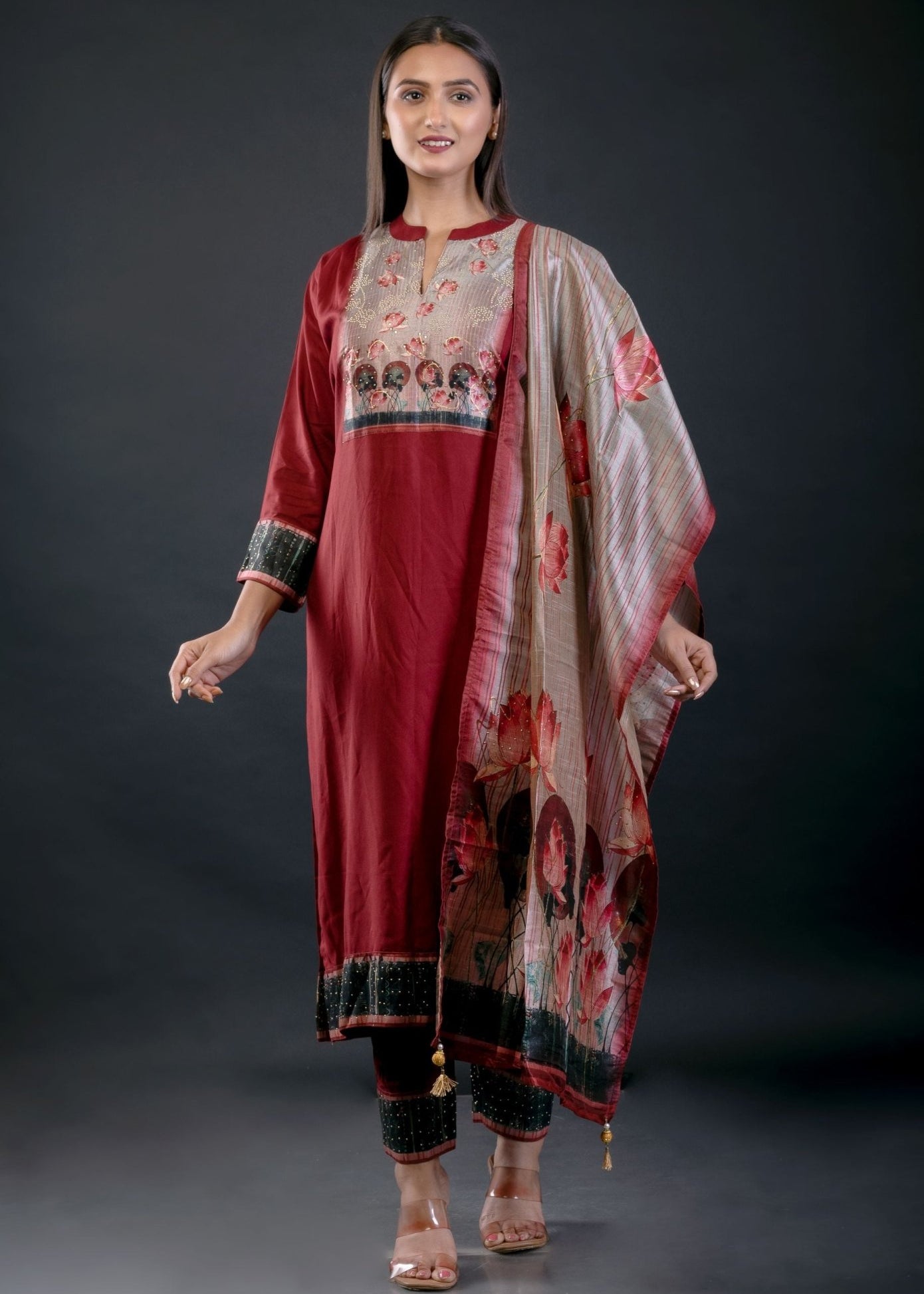 Maroon Printed Art Silk Straight Suit Set - Anvi Couture