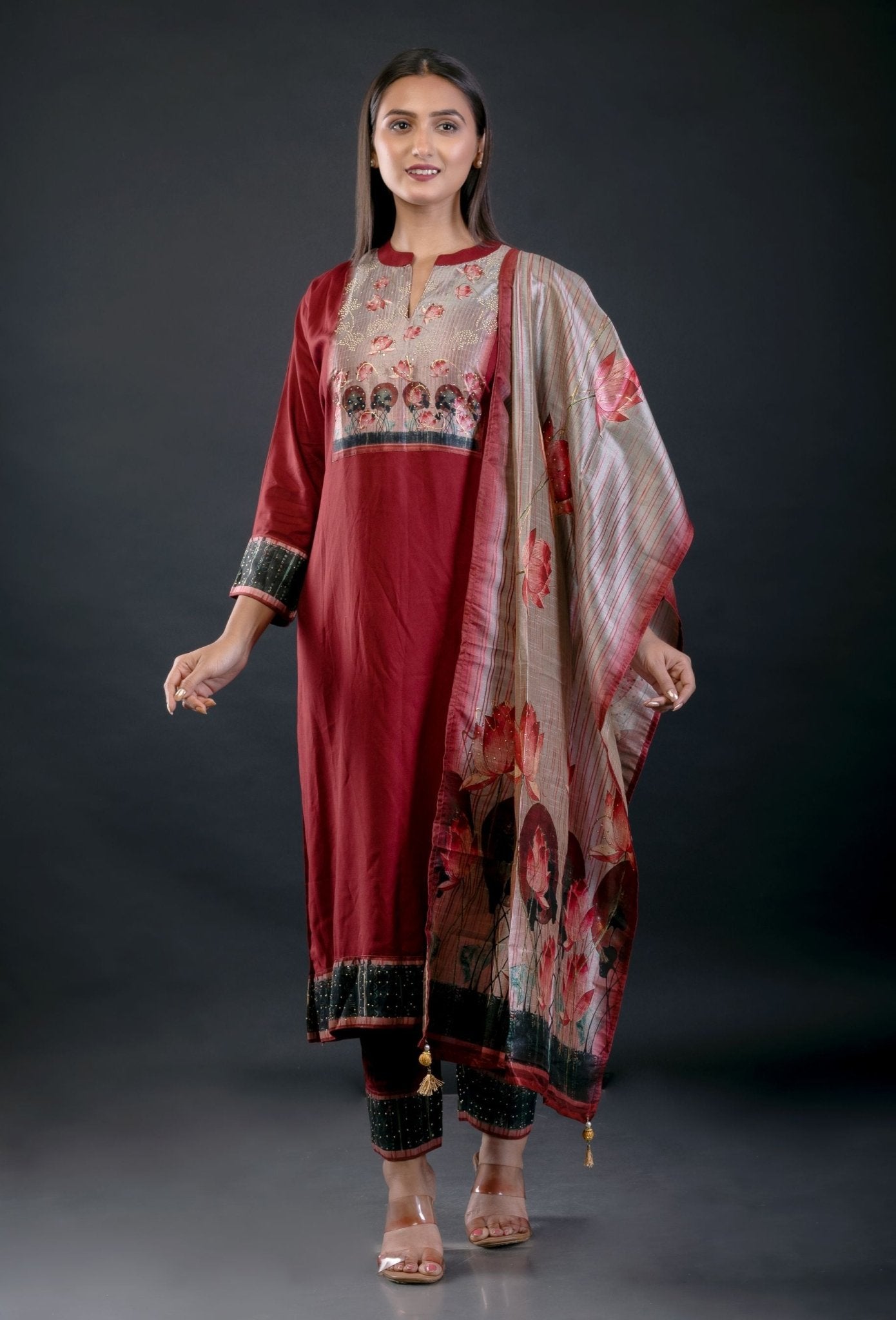 Maroon Printed Art Silk Straight Suit Set - Anvi Couture