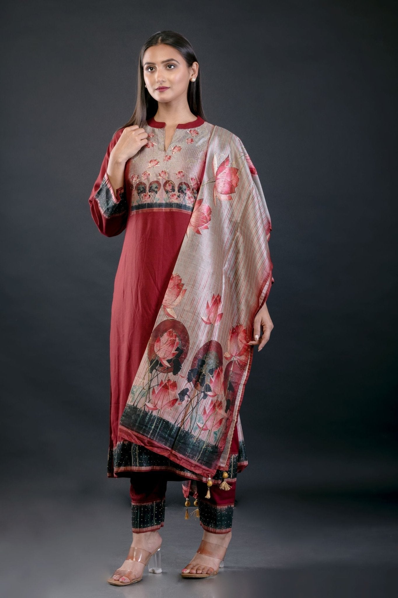 Maroon Printed Art Silk Straight Suit Set - Anvi Couture