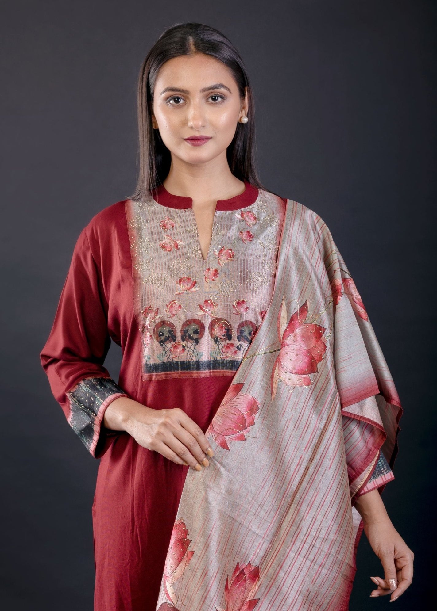 Maroon Printed Art Silk Straight Suit Set - Anvi Couture