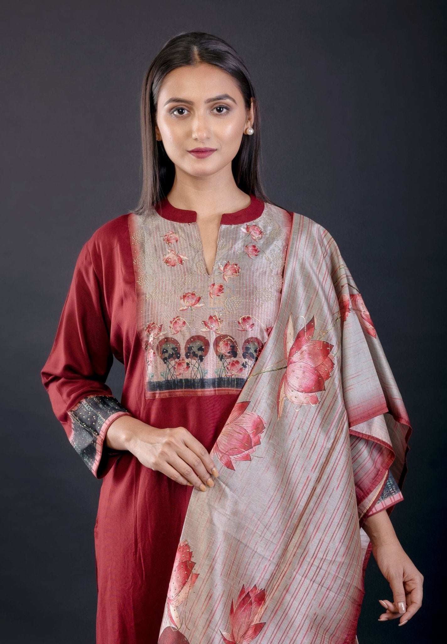 Maroon Printed Art Silk Straight Suit Set - Anvi Couture