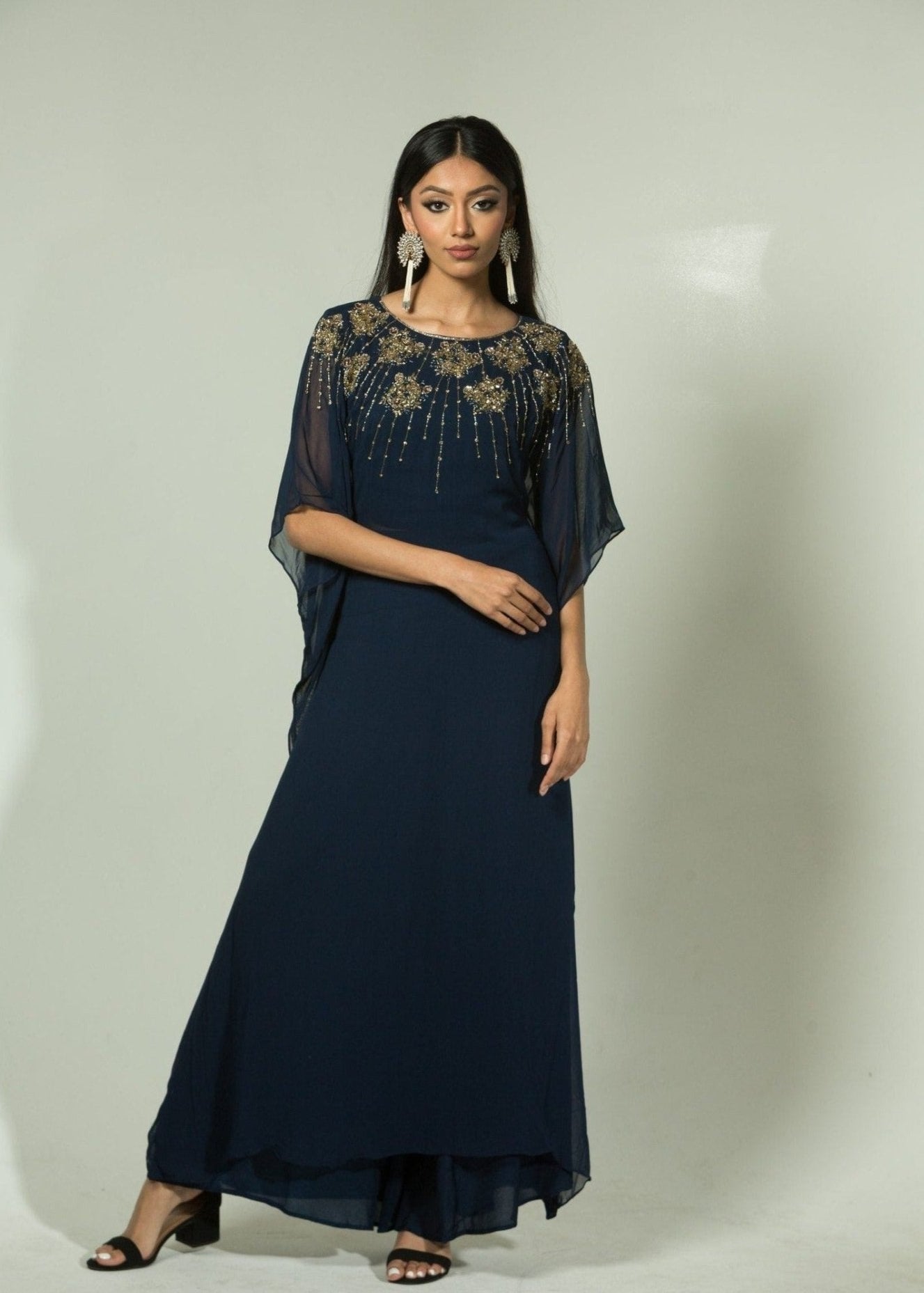 Blue Georgette Kaftan Kurti and Palazzo Pants with Embroidery Work - Anvi Couture