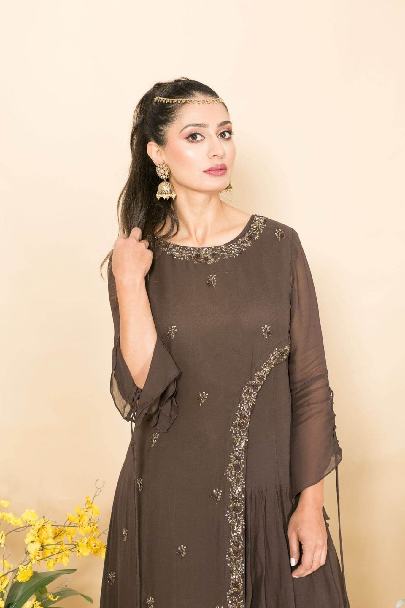 Brown Designer Layered Dress with Sequin and Embroidery Work - Anvi Couture