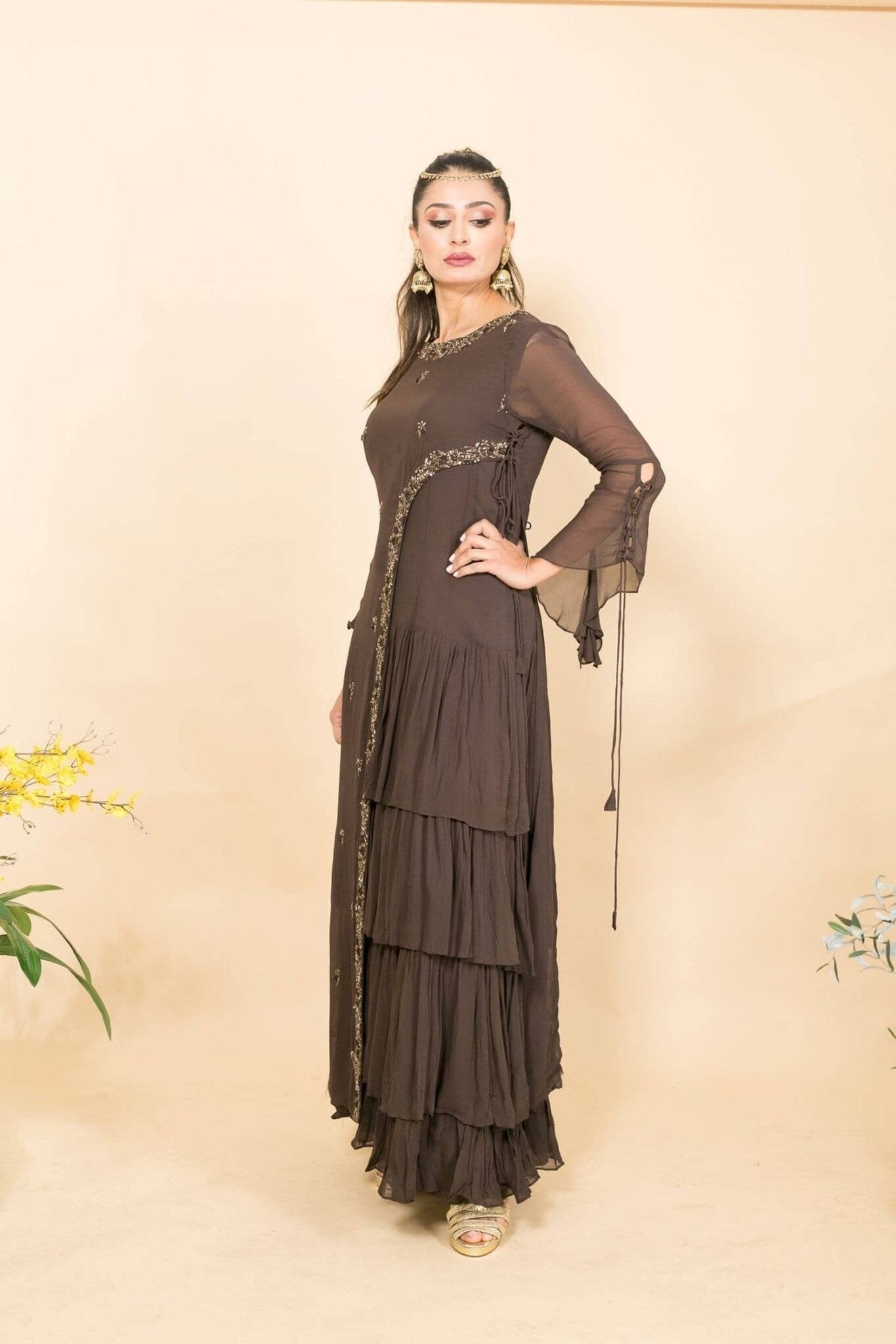 Brown Designer Layered Dress with Sequin and Embroidery Work - Anvi Couture