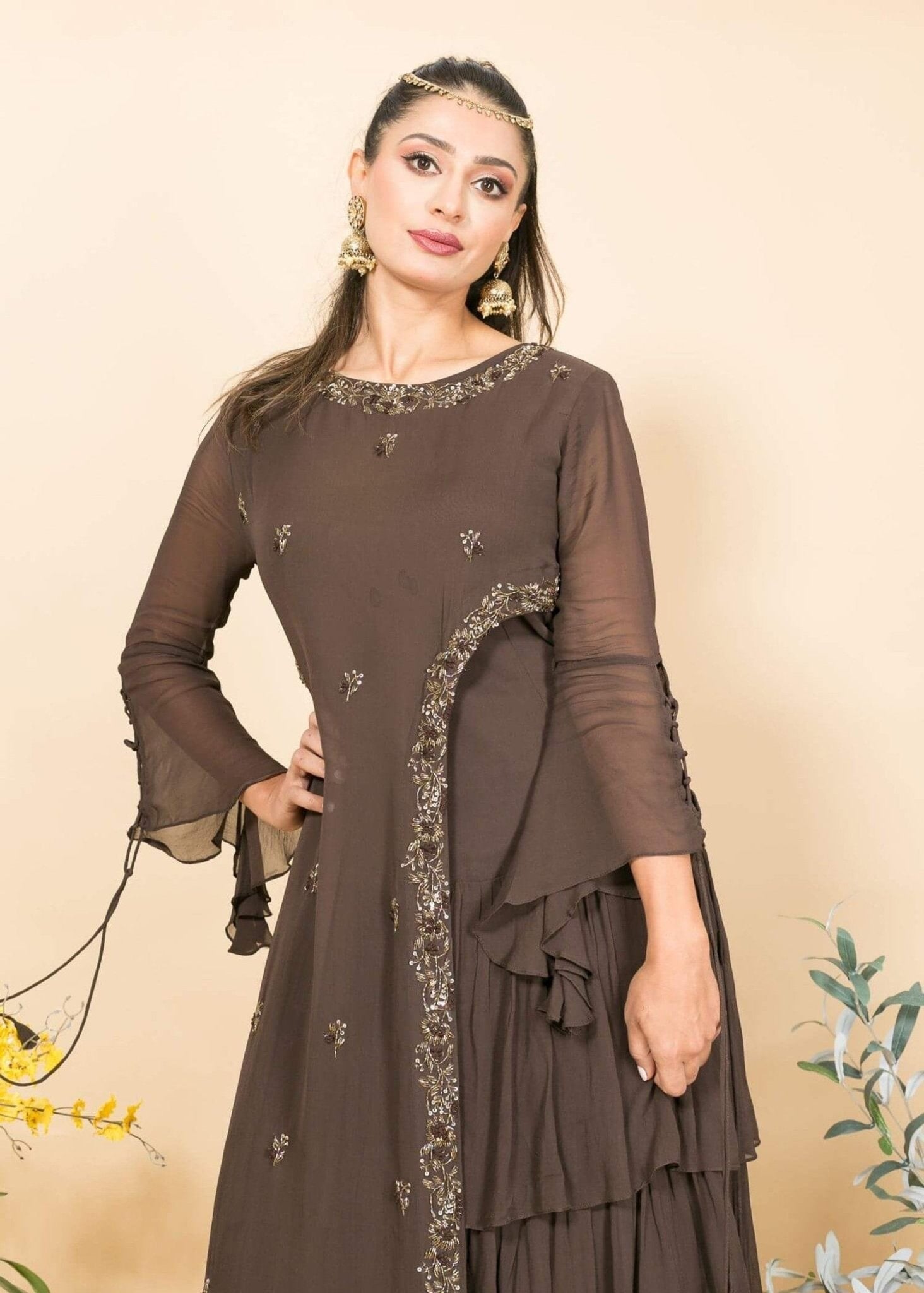 Brown Designer Layered Dress with Sequin and Embroidery Work - Anvi Couture