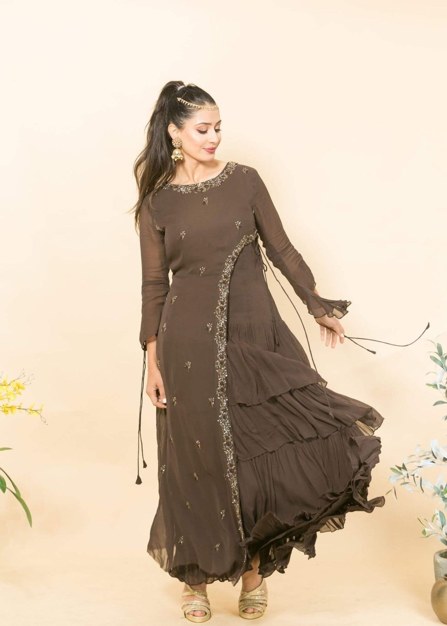 Brown Designer Layered Dress with Sequin and Embroidery Work - Anvi Couture