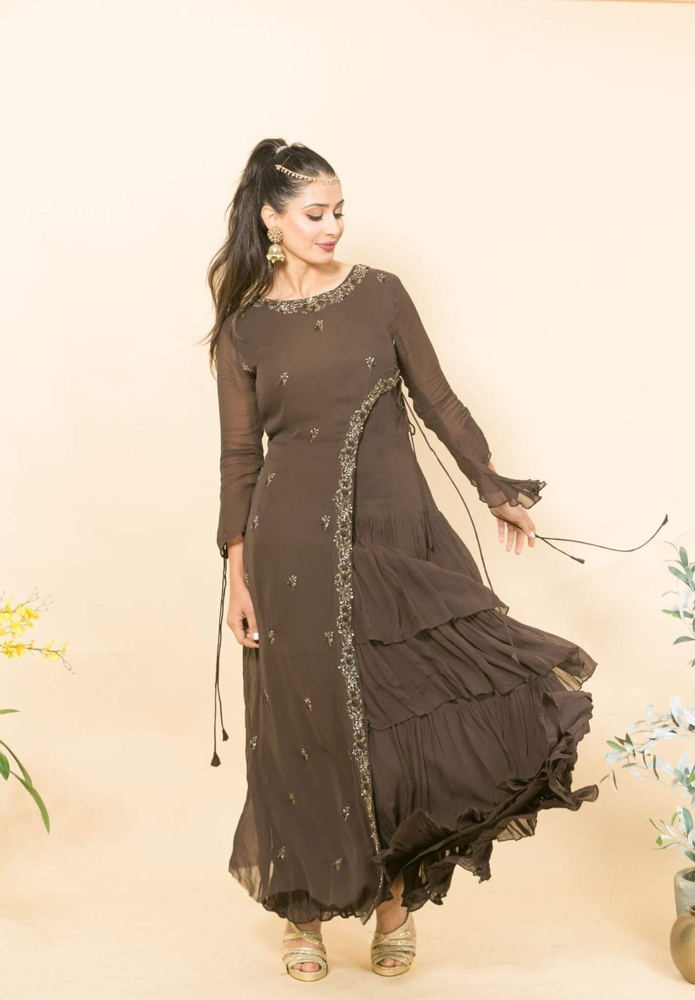 Brown Designer Layered Dress with Sequin and Embroidery Work - Anvi Couture