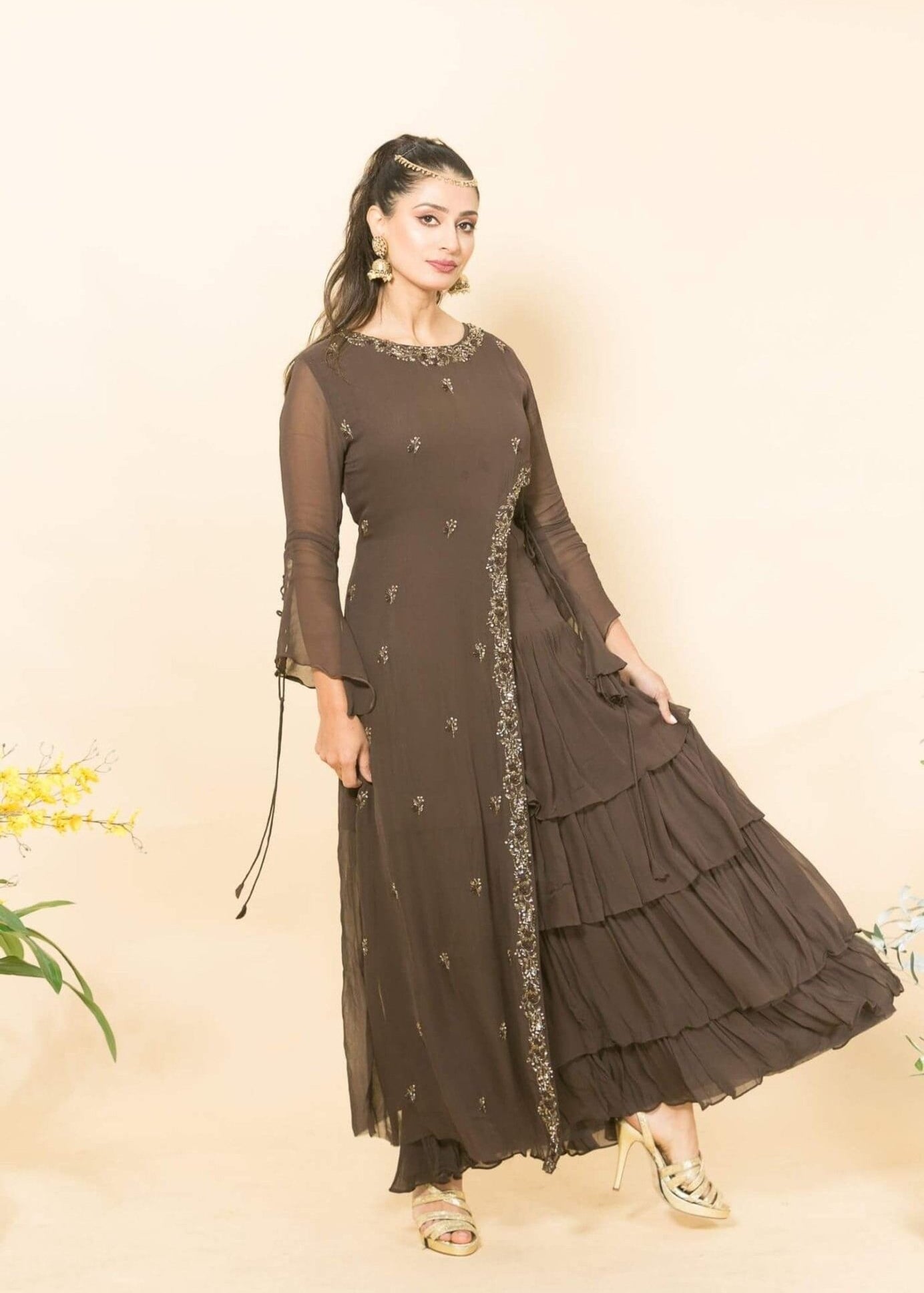 Brown Designer Layered Dress with Sequin and Embroidery Work - Anvi Couture